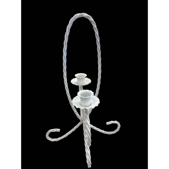 Vintage White Wrought Iron Double Candle Holder With Twisted Handle & Floral Des - Picture 2 of 5